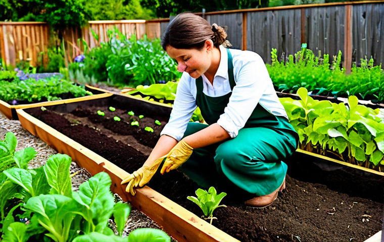 A passionate gardener, fully clothed in modest work attire, kneeling beside a vibrant raised garden bed, gently sifting dark, rich soil in their hands. Thriving green leguminous plants with visible healthy root systems are in the background, emphasizing the abundant life within the soil, with hints of organic matter and a deep, earthy texture. The setting is a well-maintained, sunny community garden or small farm, filled with the promise of growth. professional dress, appropriate attire, safe for work, family-friendly, perfect anatomy, correct proportions, natural pose, well-formed hands, proper finger count, natural body proportions, high quality, professional photography.