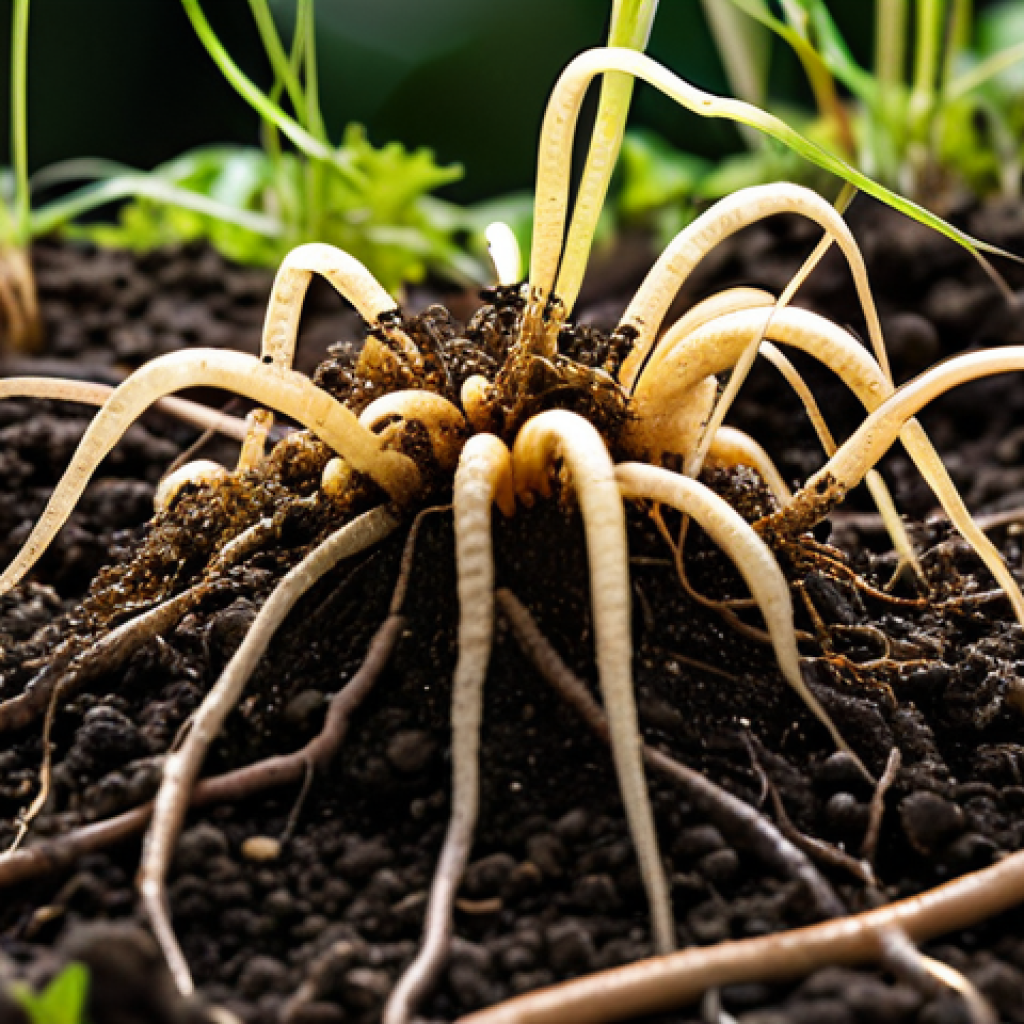 **

"Close-up shot of rich, dark soil teeming with visible fungal networks (mycelium), earthworms, and decomposing organic matter. Healthy plant roots are intertwined within the soil structure. Focus on the intricate details of the soil food web. Natural lighting, earthy tones, high resolution, professional photography, educational illustration of soil health."
"safe for work"
"appropriate content"
"fully clothed"
"professional"

**