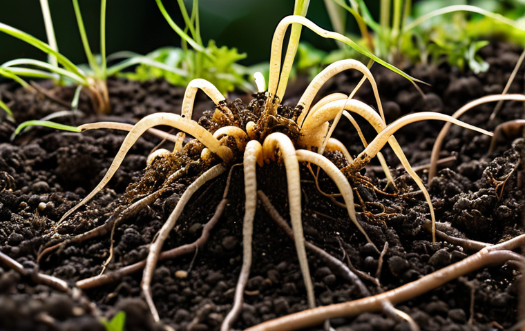 **

"Close-up shot of rich, dark soil teeming with visible fungal networks (mycelium), earthworms, and decomposing organic matter. Healthy plant roots are intertwined within the soil structure. Focus on the intricate details of the soil food web. Natural lighting, earthy tones, high resolution, professional photography, educational illustration of soil health."
"safe for work"
"appropriate content"
"fully clothed"
"professional"

**