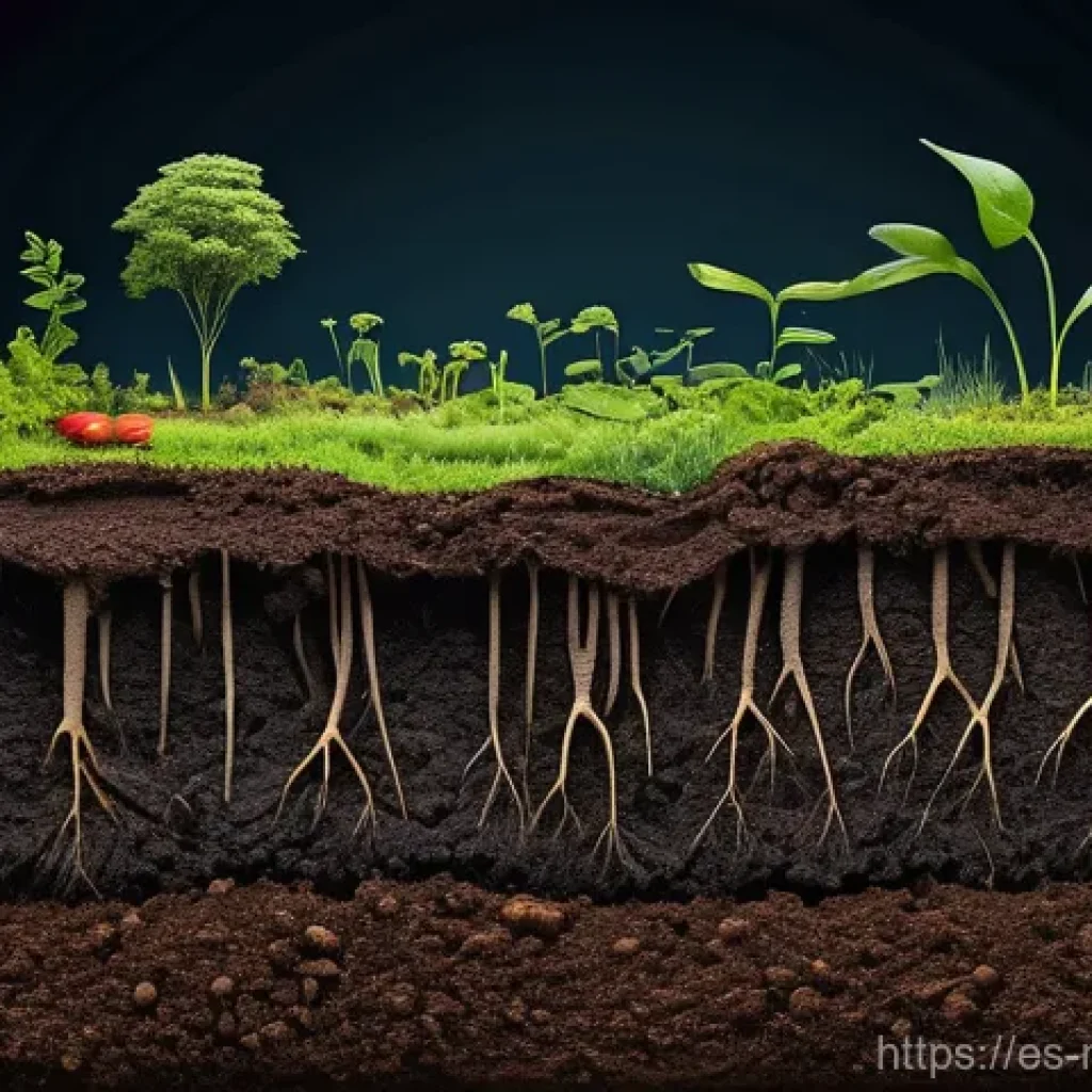 토양 건강을 위한 생물학적 개선제 사용법 - **Prompt:** A close-up, highly detailed cross-section of incredibly rich, dark, and fertile soil. Th...