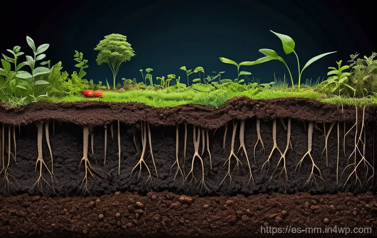 토양 건강을 위한 생물학적 개선제 사용법 - **Prompt:** A close-up, highly detailed cross-section of incredibly rich, dark, and fertile soil. Th...