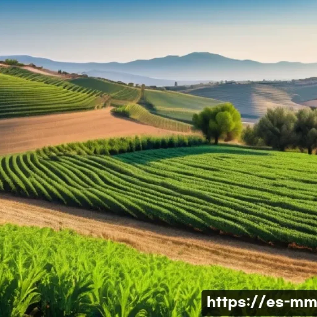 토양 건강 회복을 위한 지속 가능한 자원 관리 - A vibrant agricultural field scene in a sunny rural area of Spain, showcasing diverse crop rotation ...
