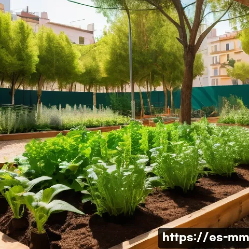 토양 생태계와 미세 기후 조절 - A vibrant urban community garden in Barcelona showcasing healthy soil covered with rich organic mulc...