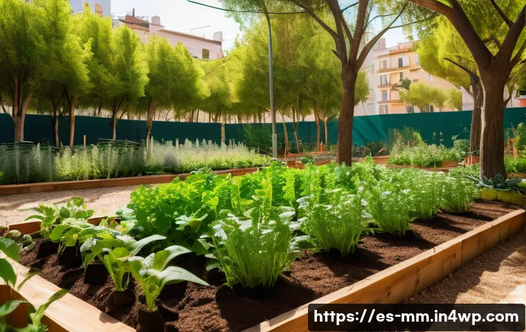 토양 생태계와 미세 기후 조절 - A vibrant urban community garden in Barcelona showcasing healthy soil covered with rich organic mulc...