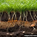 토양의 유전자 다양성과 건강 - A vibrant close-up illustration of fertile soil teeming with diverse microorganisms such as bacteria...