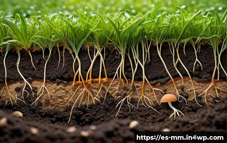 토양의 유전자 다양성과 건강 - A vibrant close-up illustration of fertile soil teeming with diverse microorganisms such as bacteria...