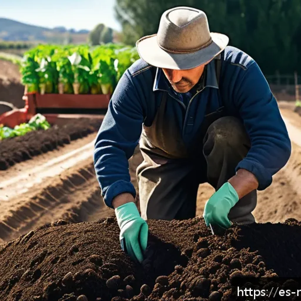 토양의 유기물 함량 증진 방법 - A vibrant, detailed garden scene showcasing a farmer spreading rich, dark compost over fertile soil ...