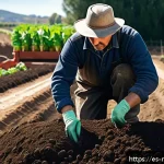 토양의 유기물 함량 증진 방법 - A vibrant, detailed garden scene showcasing a farmer spreading rich, dark compost over fertile soil ...