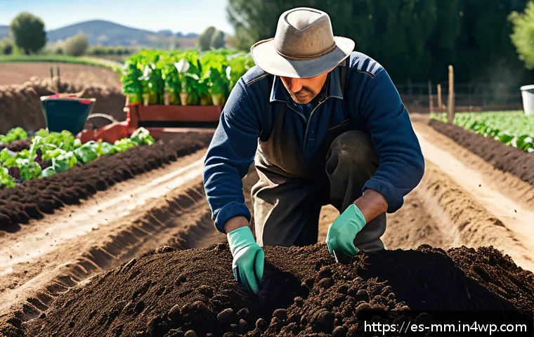 토양의 유기물 함량 증진 방법 - A vibrant, detailed garden scene showcasing a farmer spreading rich, dark compost over fertile soil ...