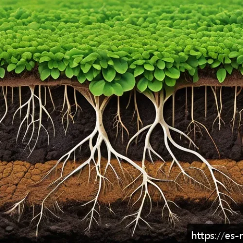 토양 생태계와 광합성의 연관성 - A detailed cross-sectional illustration of fertile soil teeming with diverse microorganisms such as ...
