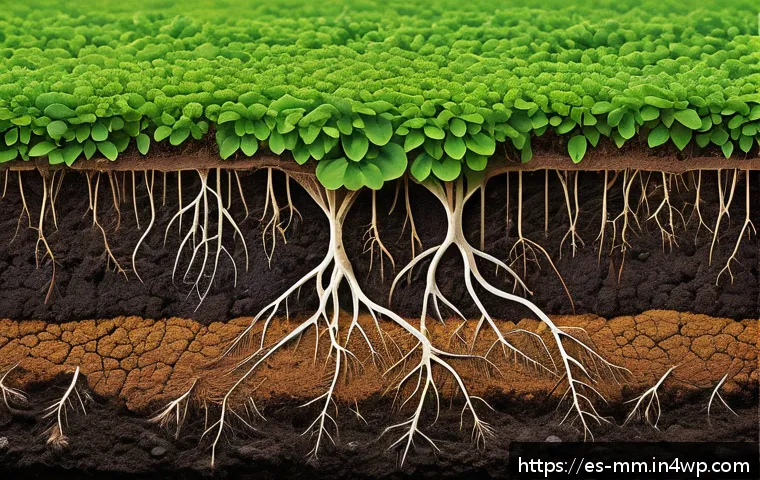 토양 생태계와 광합성의 연관성 - A detailed cross-sectional illustration of fertile soil teeming with diverse microorganisms such as ...