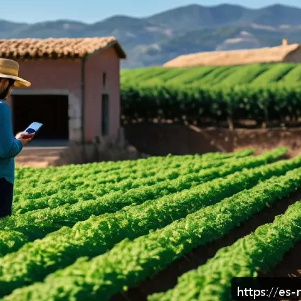 토양 건강 모니터링을 위한 도구 - A modern agricultural field in a sunny rural landscape in Spain, featuring smart soil sensors insert...
