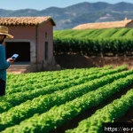 토양 건강 모니터링을 위한 도구 - A modern agricultural field in a sunny rural landscape in Spain, featuring smart soil sensors insert...