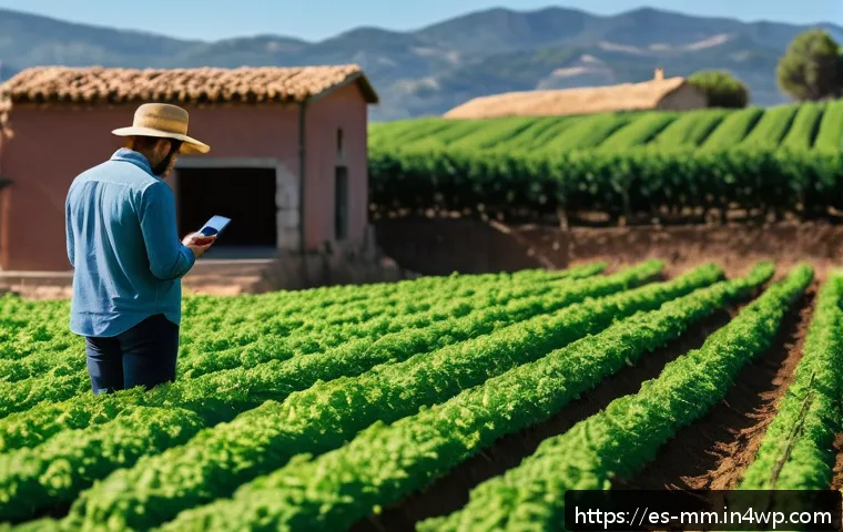토양 건강 모니터링을 위한 도구 - A modern agricultural field in a sunny rural landscape in Spain, featuring smart soil sensors insert...