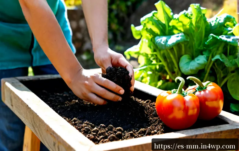 토양의 영양소 균형 유지 방법 - Photorealistic close-up of a Spanish home gardener in a sunlit Mediterranean vegetable garden, caref...